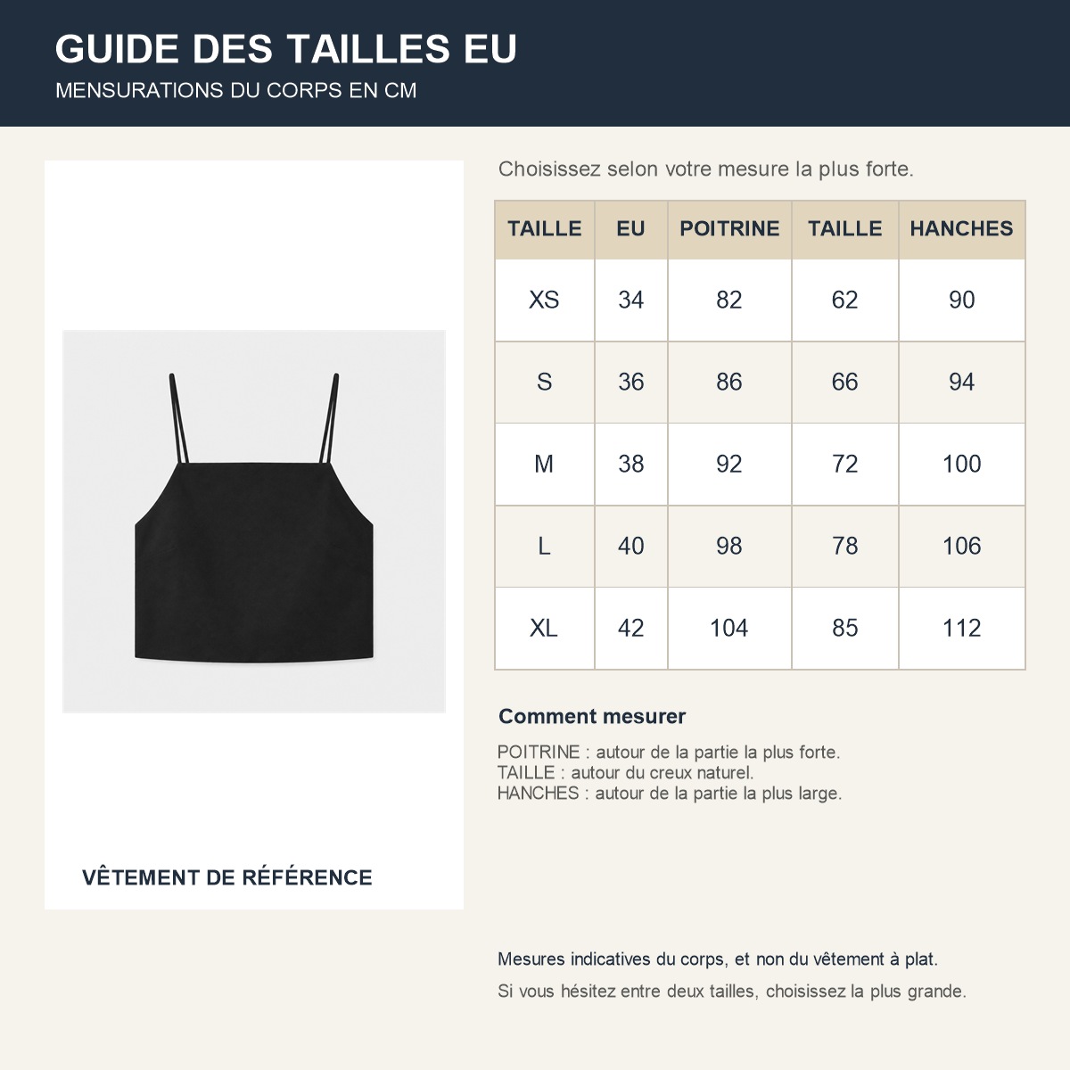Guide français des tailles européennes du crop top