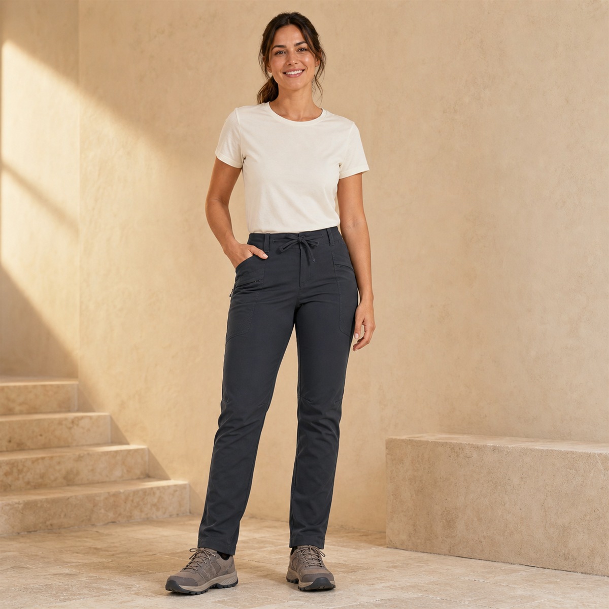 Pantalon gris carbone porté en silhouette complète