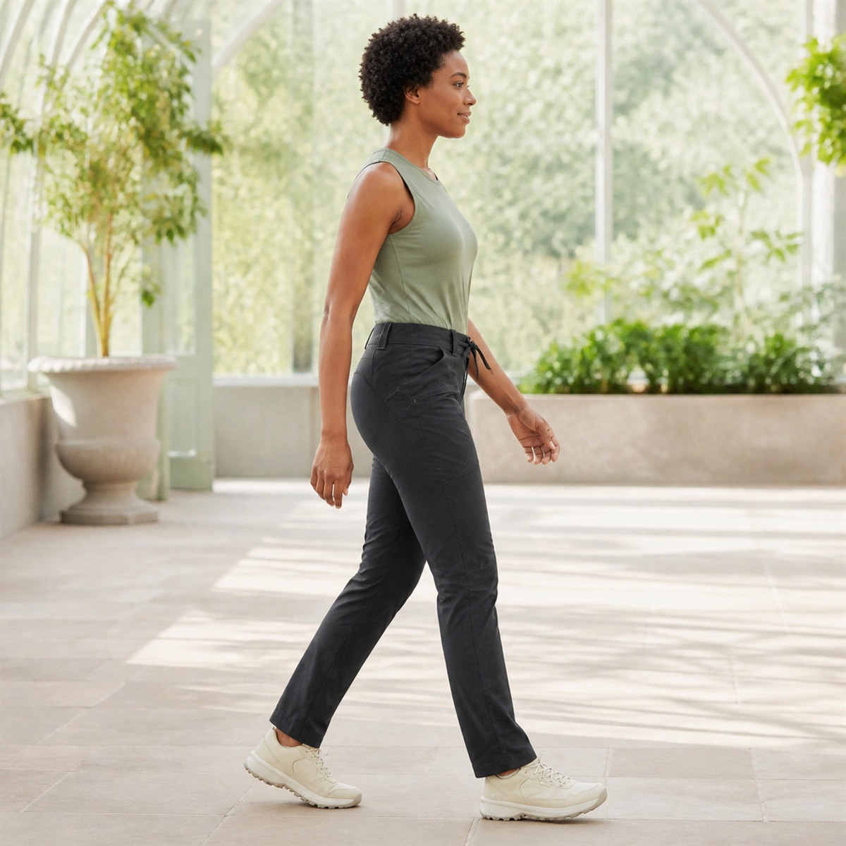 Pantalon de randonnée femme porté de profil