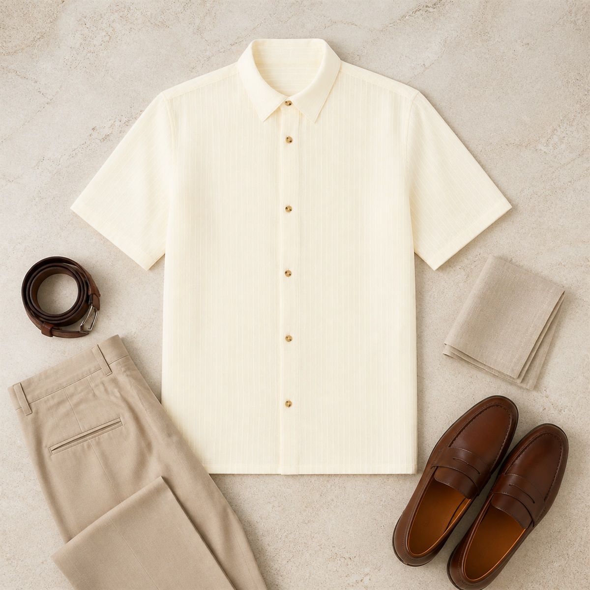 Tenue avec chemisette blanche et pantalon beige