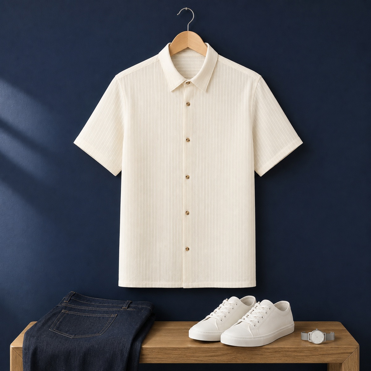 Tenue avec chemisette blanche et jean brut