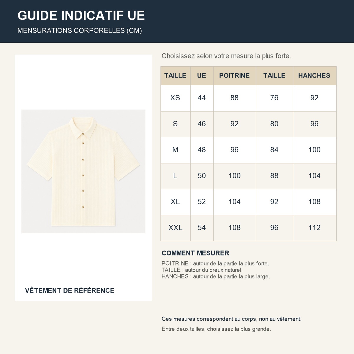 Guide français des tailles disponibles de la chemisette