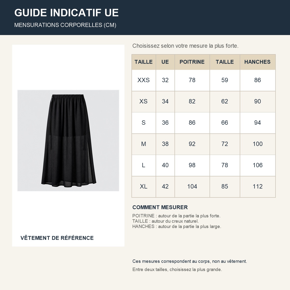 Guide français des tailles européennes de la jupe