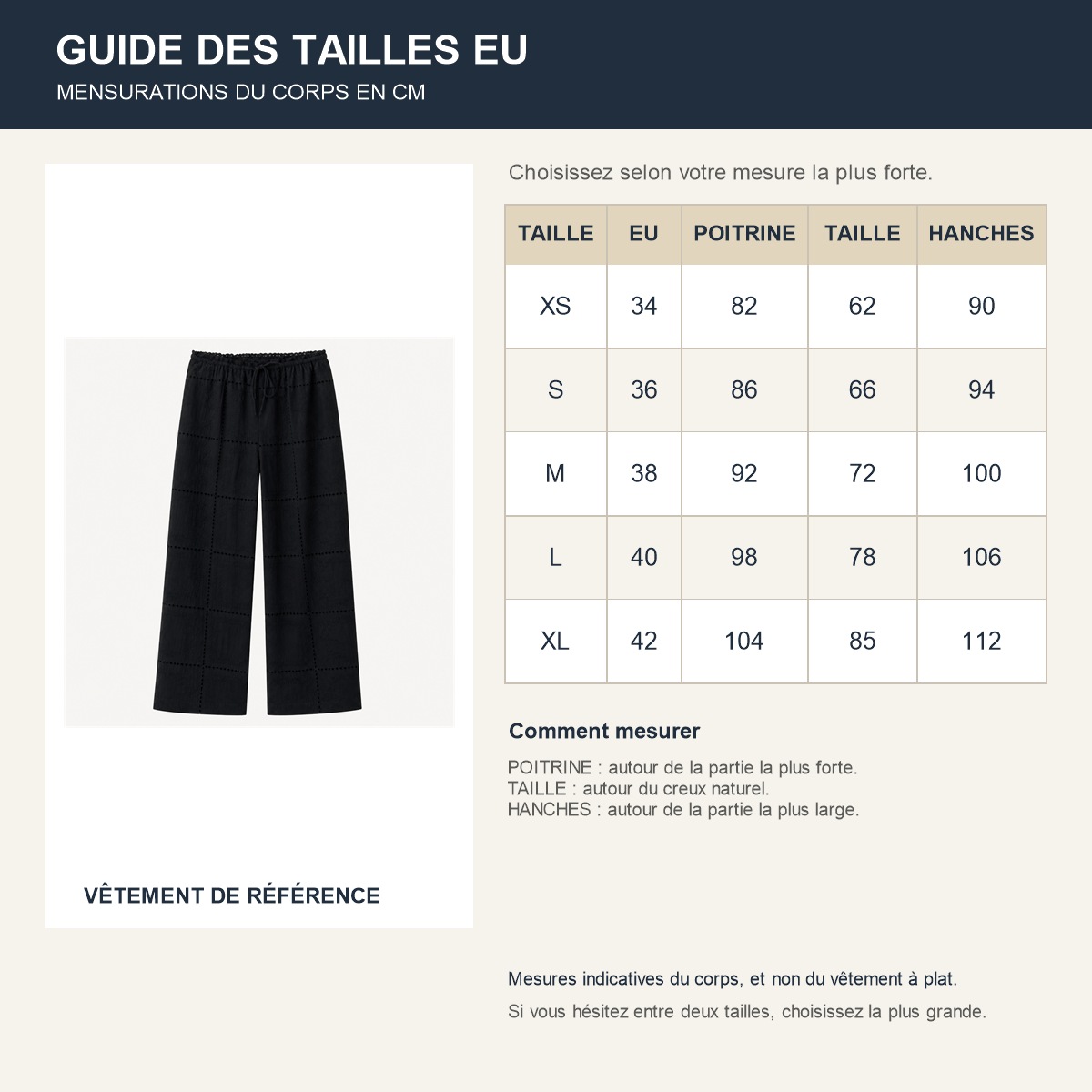 Guide français des repères de tailles européennes du pantalon