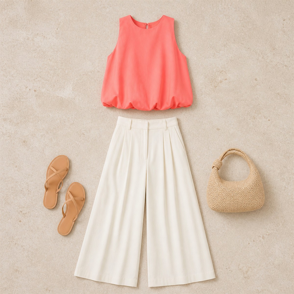 Tenue décontractée avec blouse corail et pantalon clair