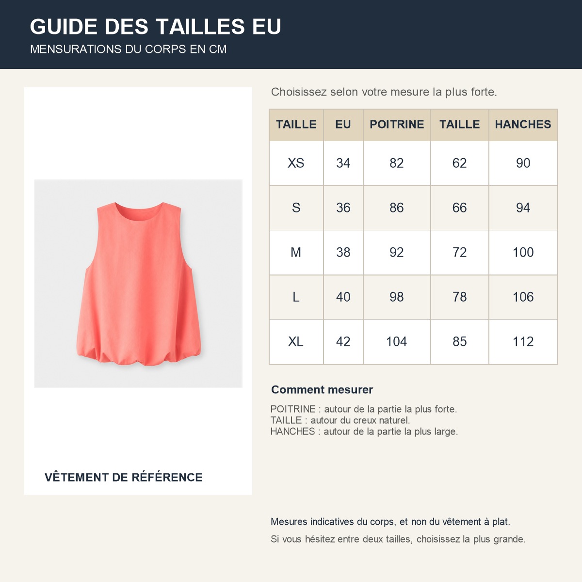 Guide français des tailles européennes de la blouse corail