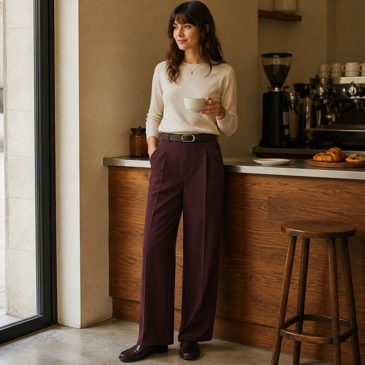 Pantalon lie-de-vin porté dans un café contemporain