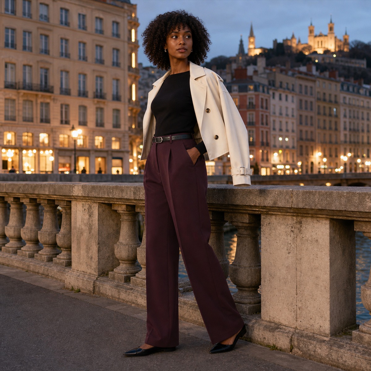 Pantalon lie-de-vin porté lors d'une sortie en ville