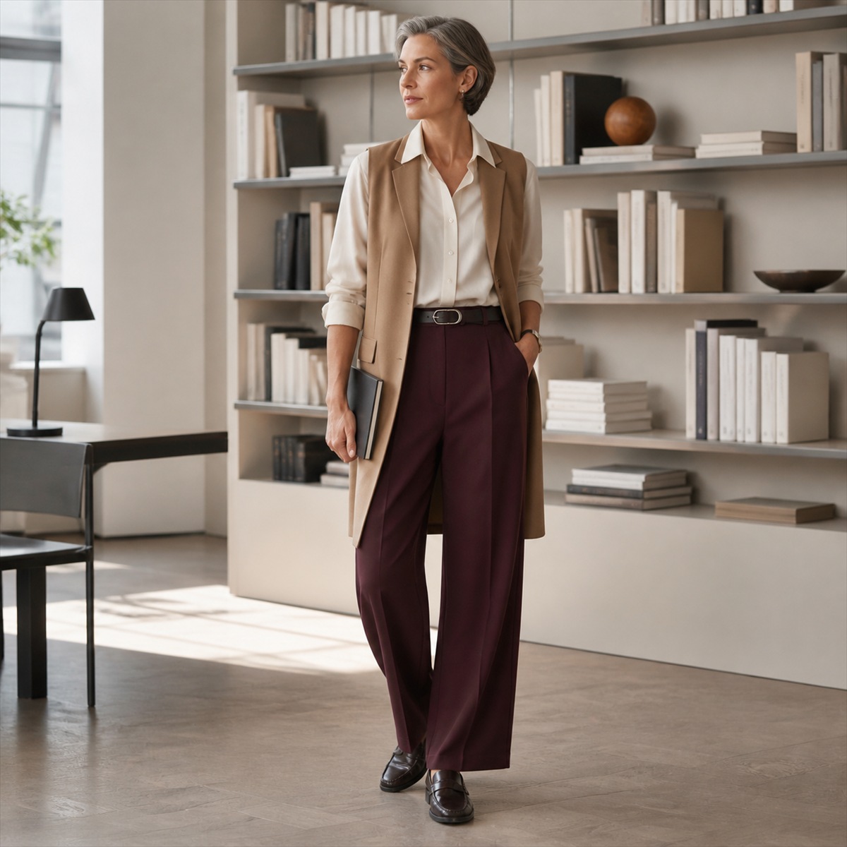 Tenue de bureau avec pantalon lie-de-vin et chemise claire