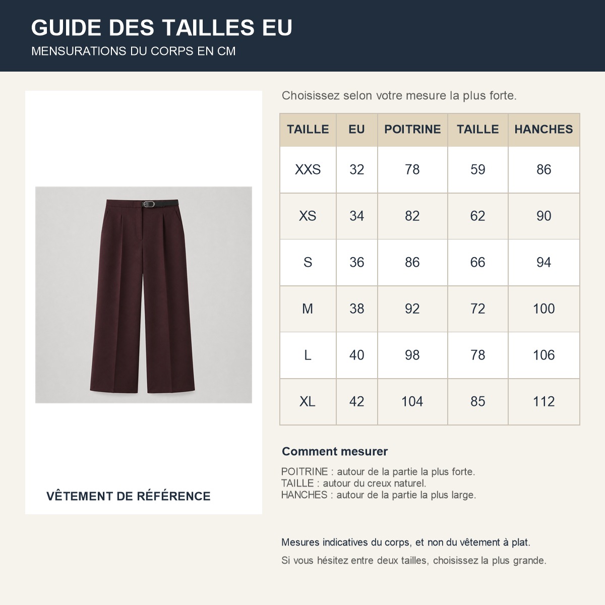 Guide français des tailles européennes du pantalon lie-de-vin