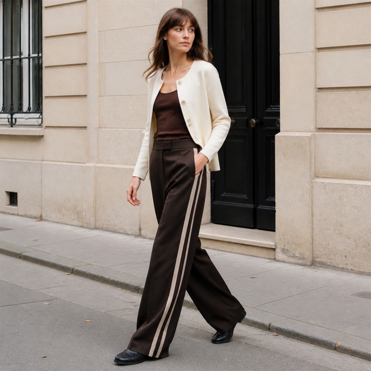 Pantalon wide leg chocolat porté dans un quartier urbain