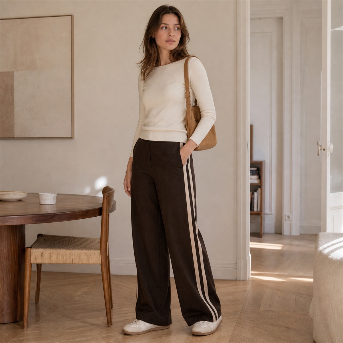 Tenue décontractée avec pantalon chocolat et haut écru