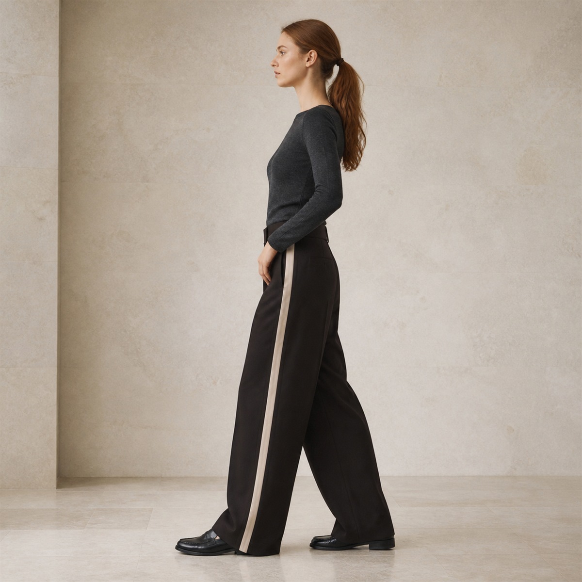 Pantalon wide leg chocolat porté - vue de côté