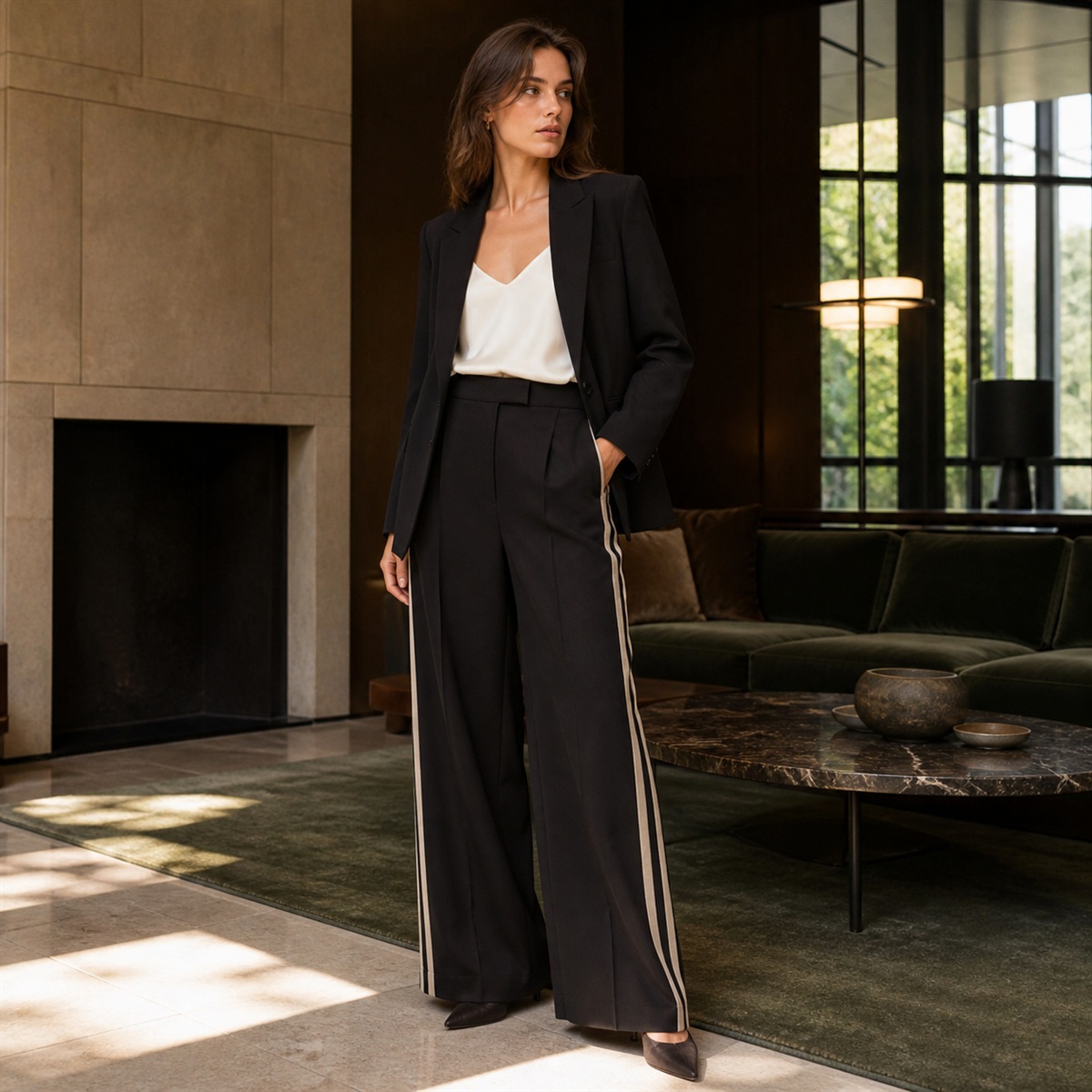 Tenue habillée avec pantalon chocolat et veste structurée