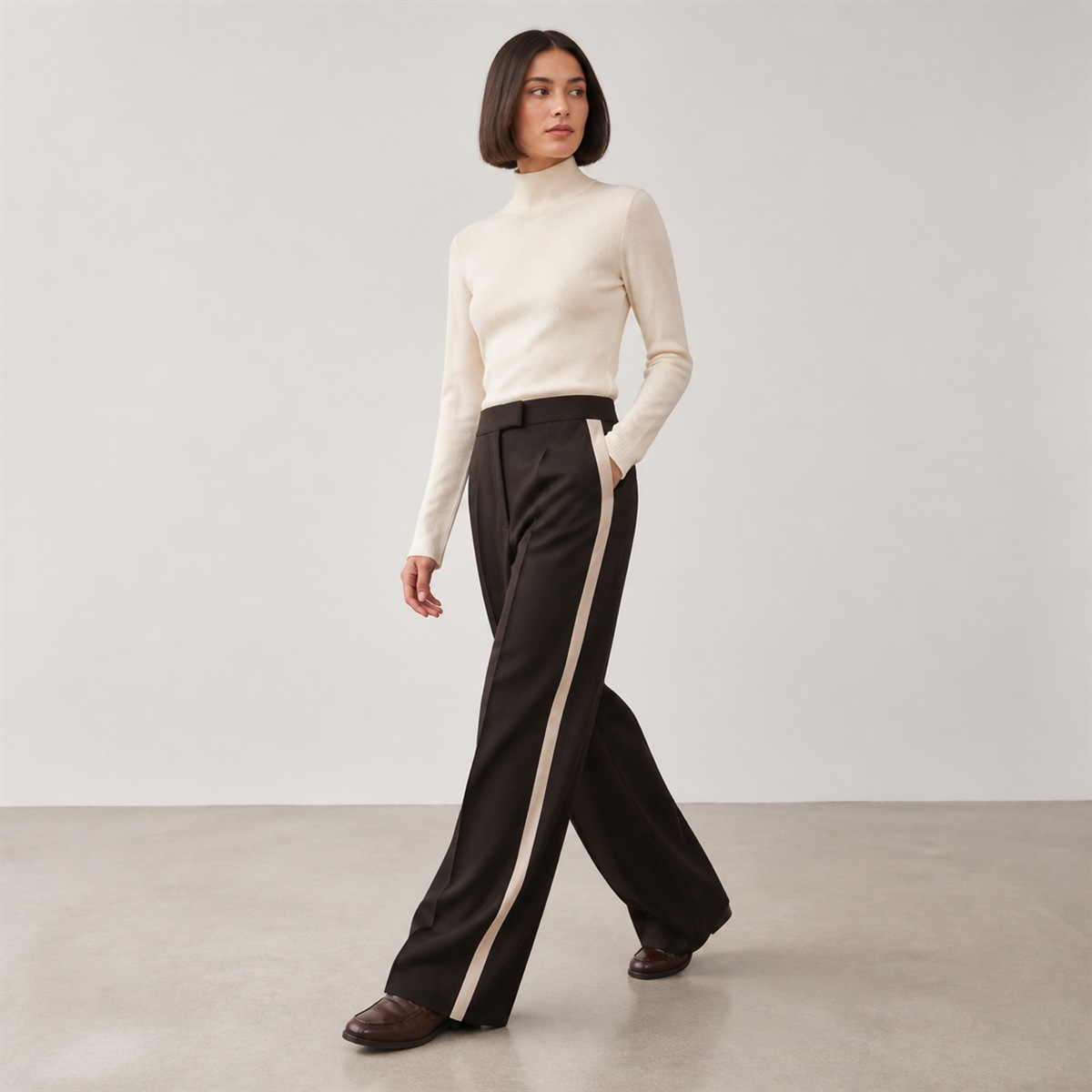 Pantalon wide leg chocolat porté en mouvement