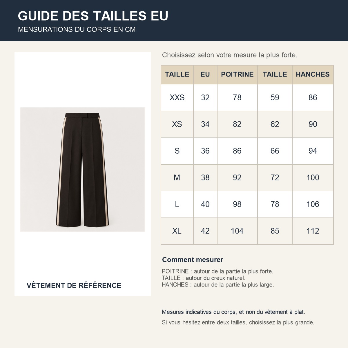 Guide français des tailles européennes du pantalon chocolat