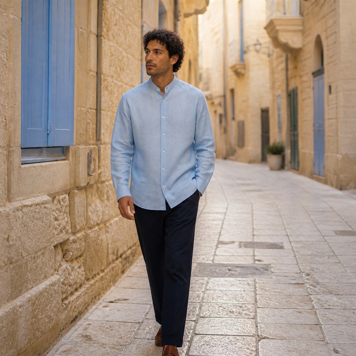 Chemise bleu porcelaine portée dans une rue méditerranéenne