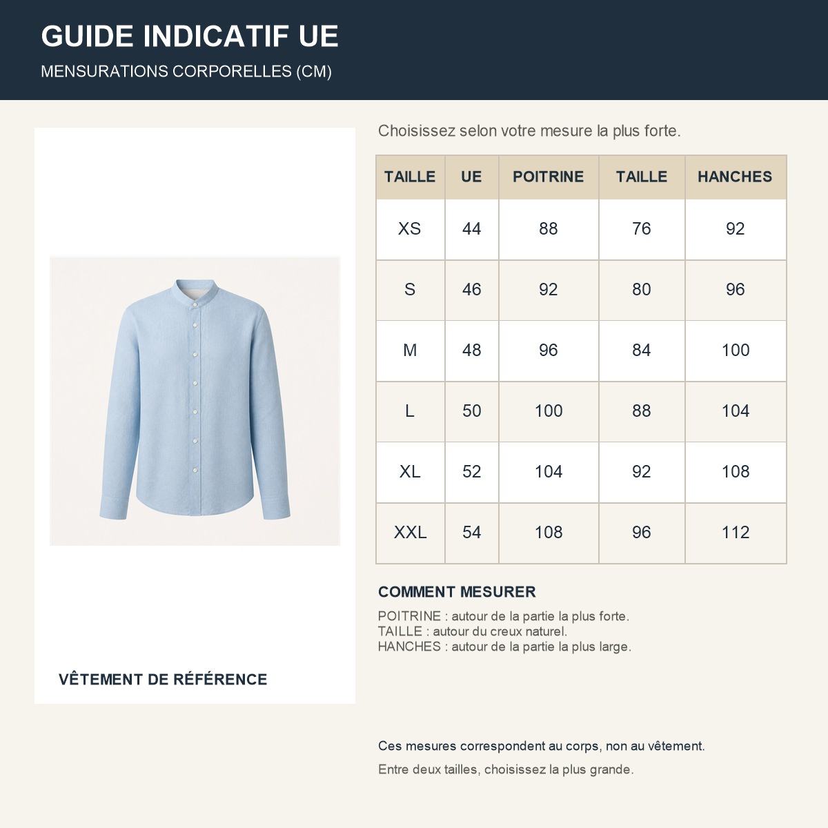 Guide français des tailles européennes de la chemise