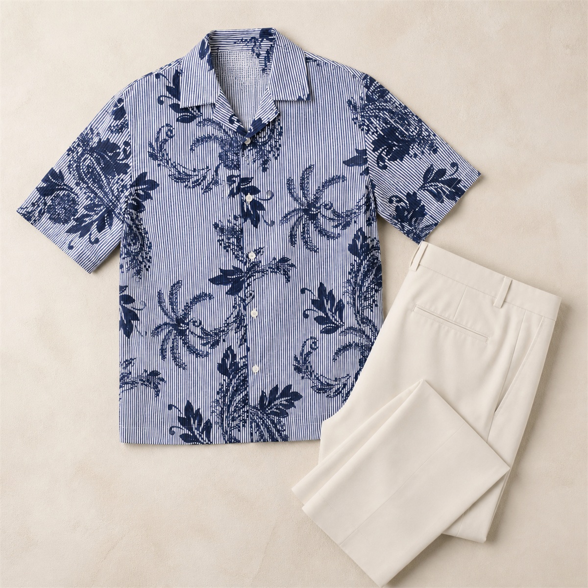 Tenue estivale avec chemise imprimée et pantalon clair