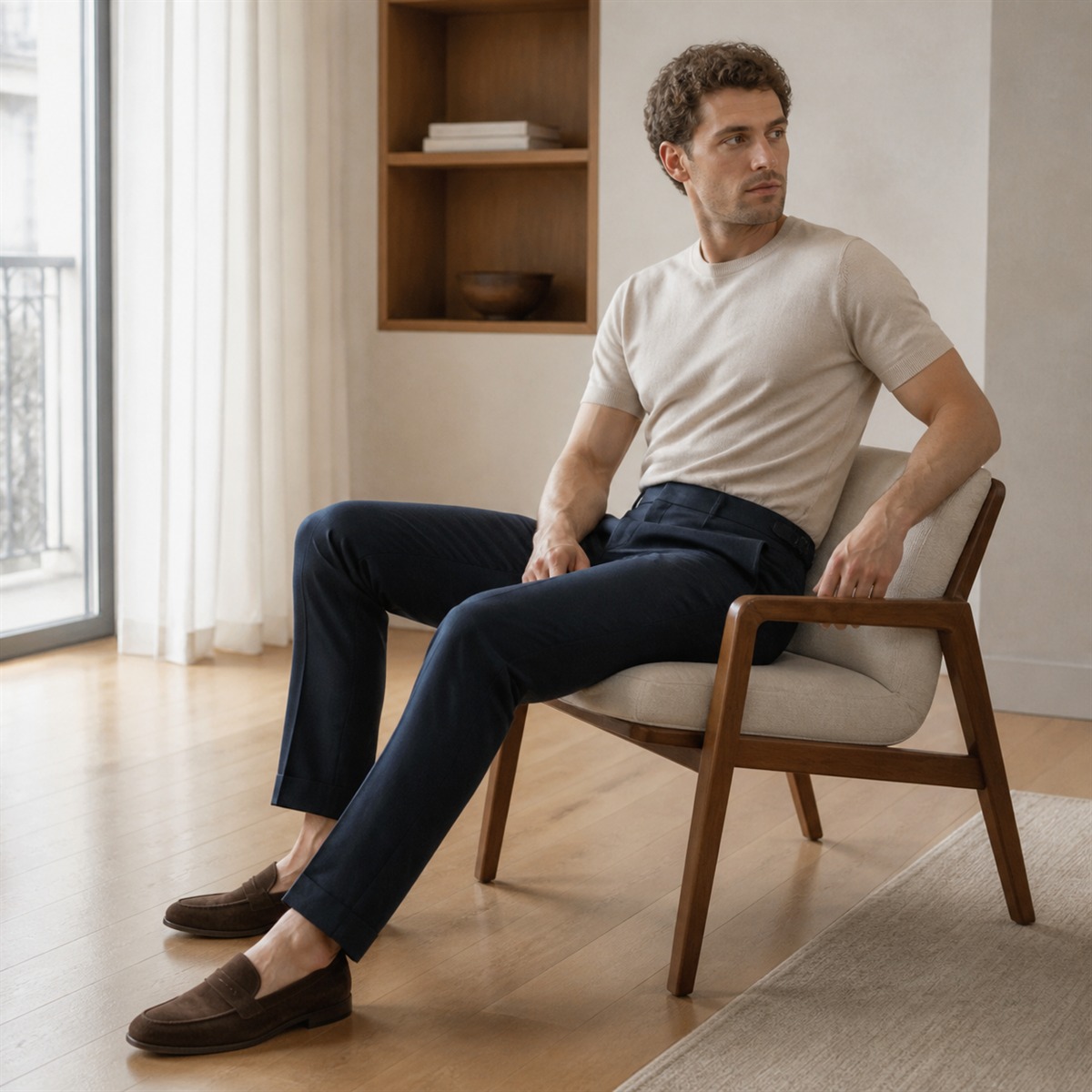 Pantalon en lin bleu marine porté dans un intérieur lumineux