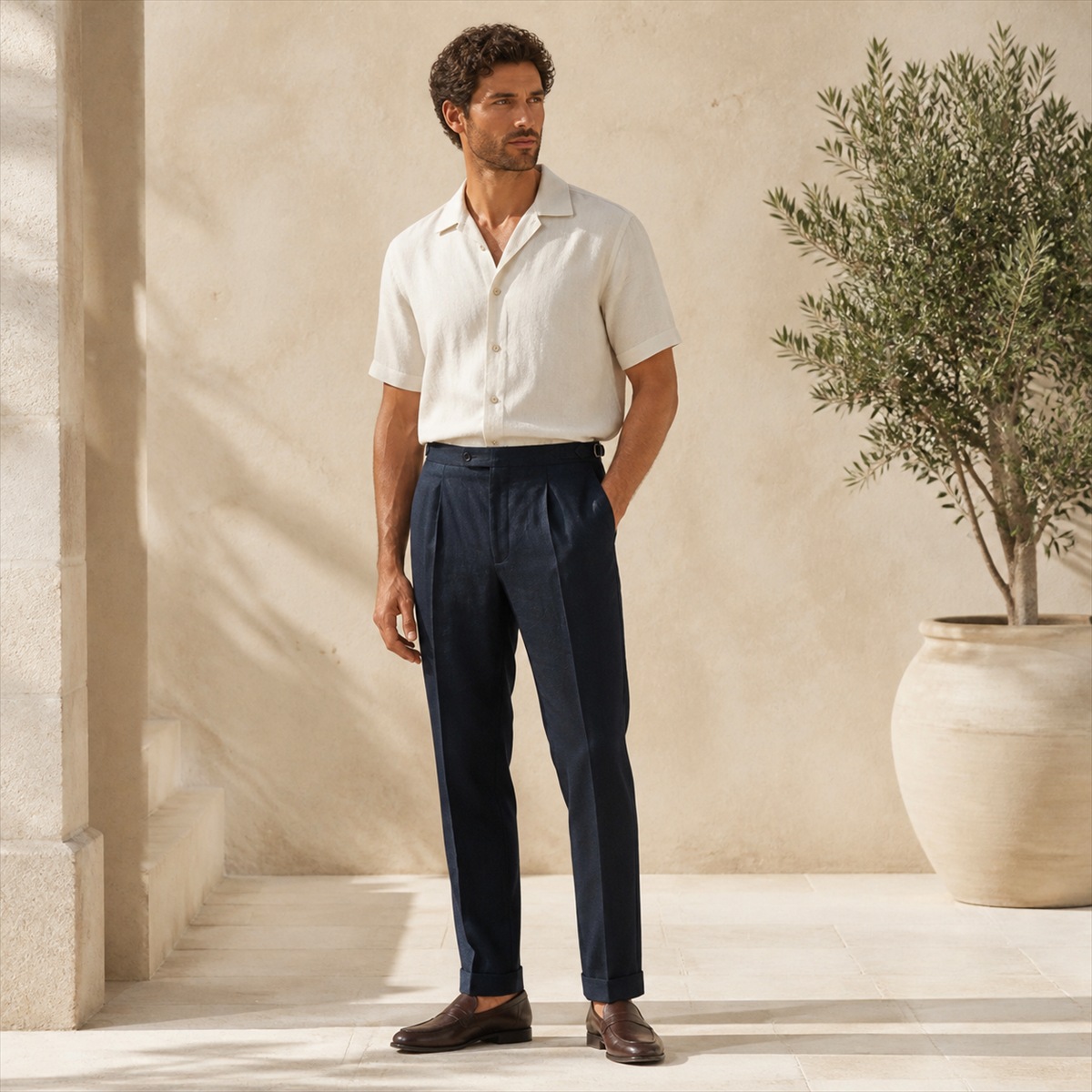 Pantalon slim bleu marine porté - vue de face