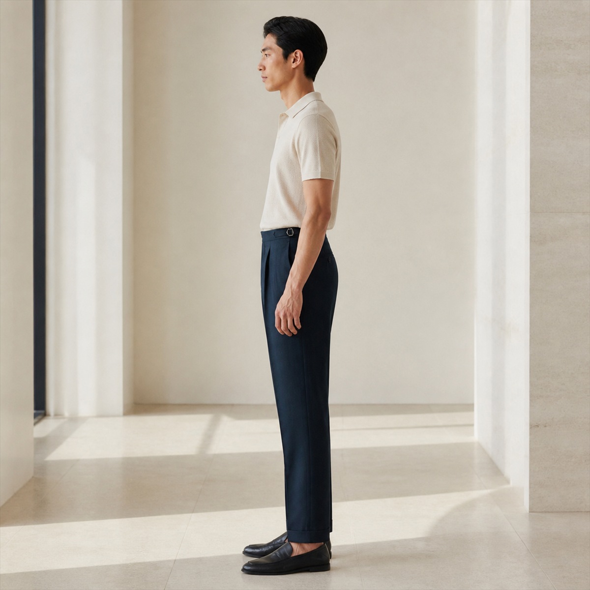 Pantalon slim bleu marine porté - vue de profil
