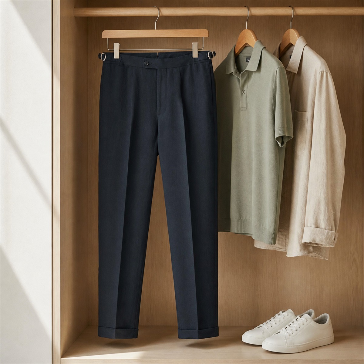 Tenue estivale décontractée avec pantalon bleu marine