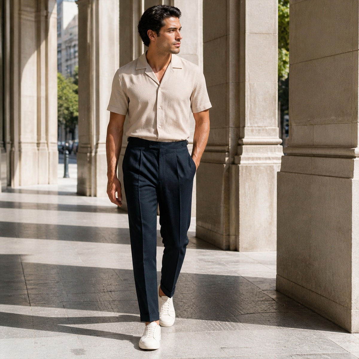 Pantalon en lin bleu marine porté en mouvement