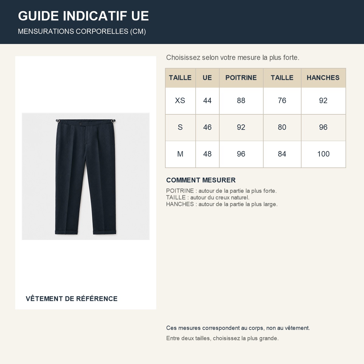 Guide français des tailles européennes du pantalon
