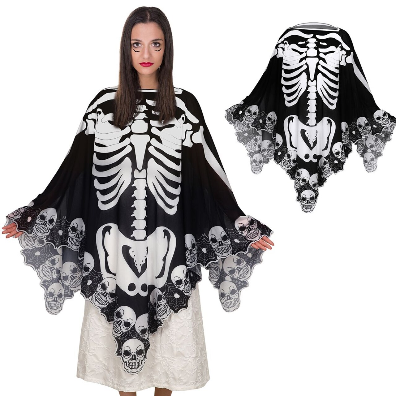 Cape poncho squelette noire et blanche pour Halloween