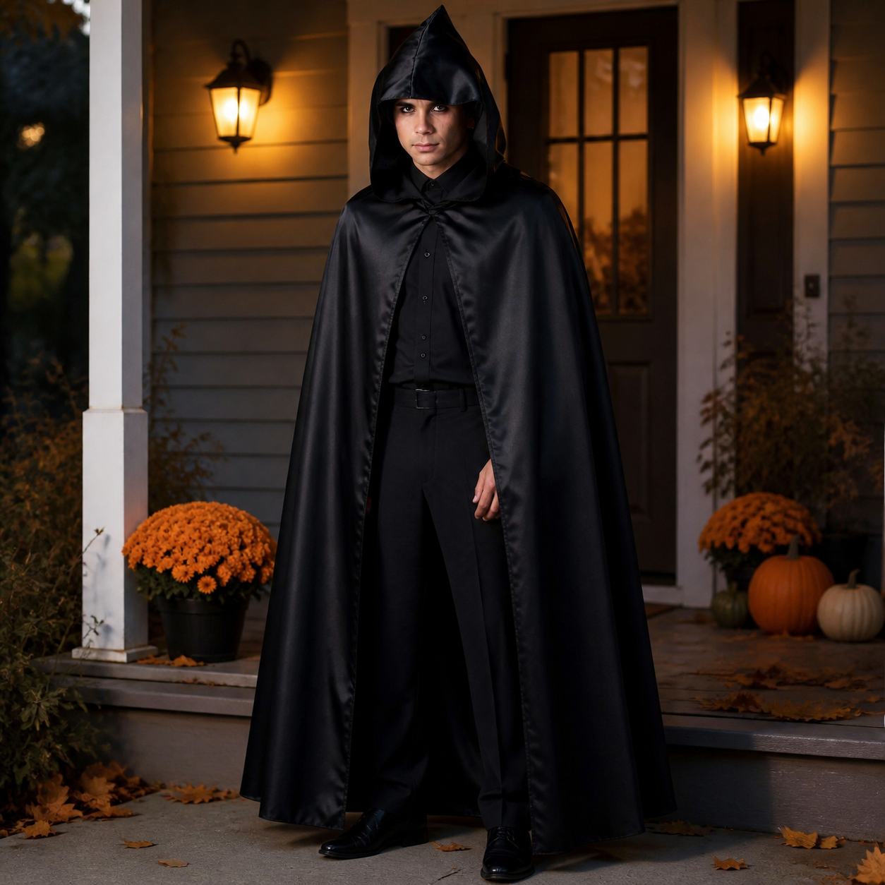 Cape noire satinée à capuche pointue pour adulte