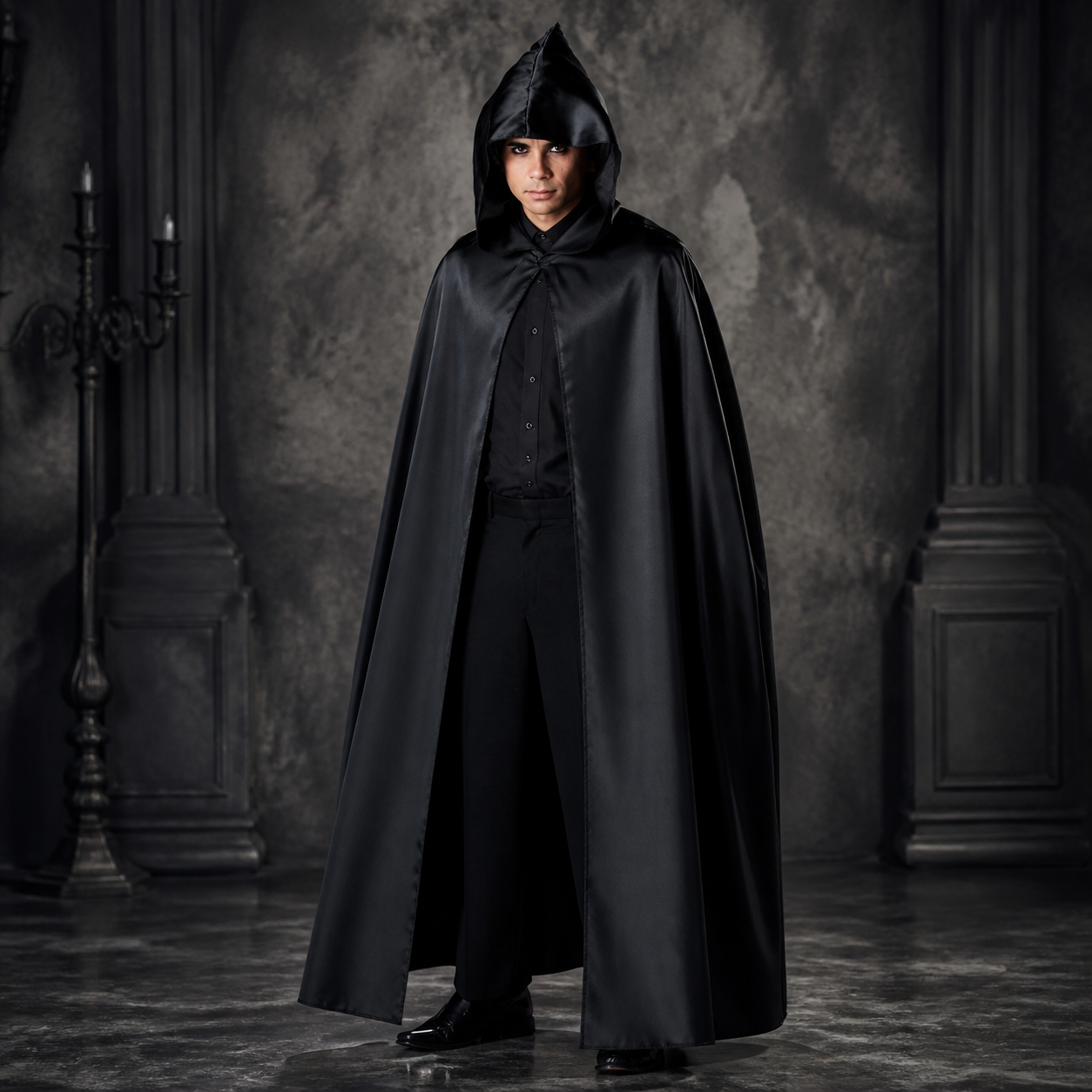 Cape noire satinée à capuche pointue pour adulte