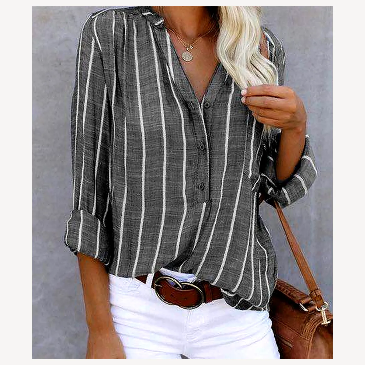 Women's striped V-neck button blouse - Charcoal Stripe