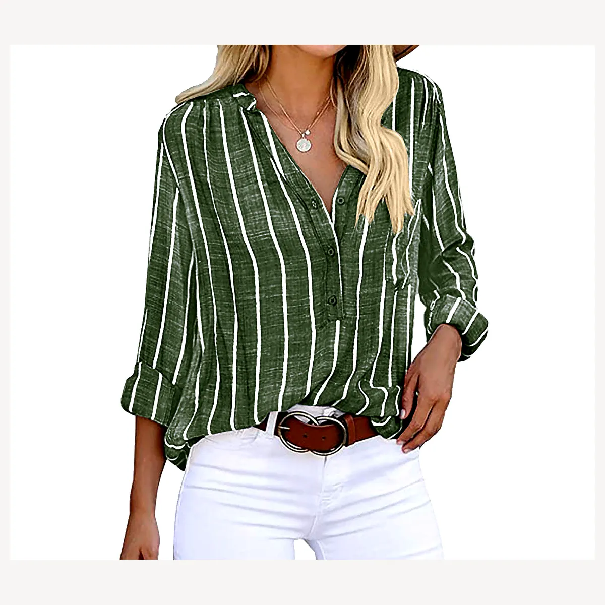 Women's striped V-neck button blouse - Forest Green Stripe
