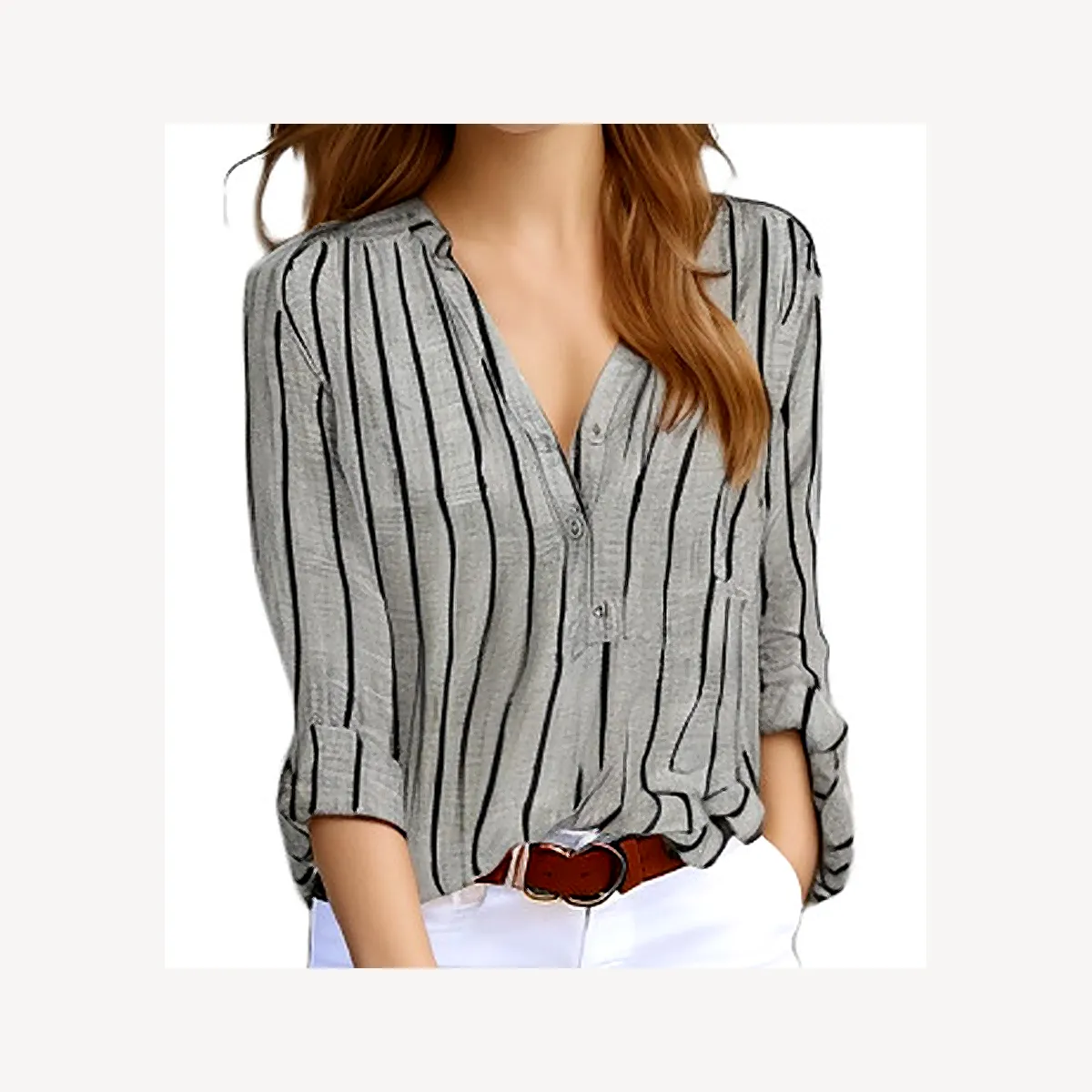 Women's striped V-neck button blouse - Light Gray Stripe