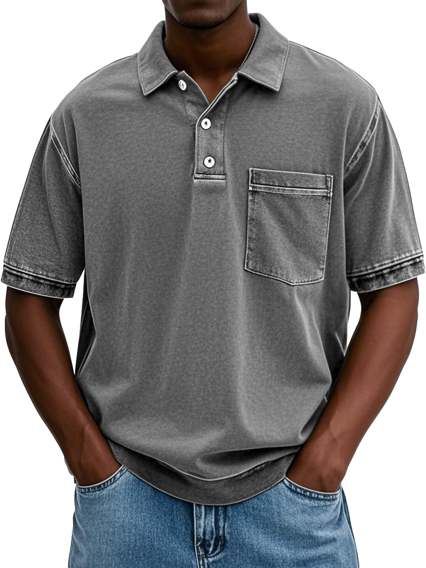 Herren-Poloshirt im Retro-Stil mit Distressed-Revers und kurzärmliger Tasche