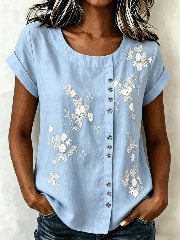 Rundhalsausschnitt, kurze Ärmel, 3D-Druck, normale, lockere Bluse für Damen