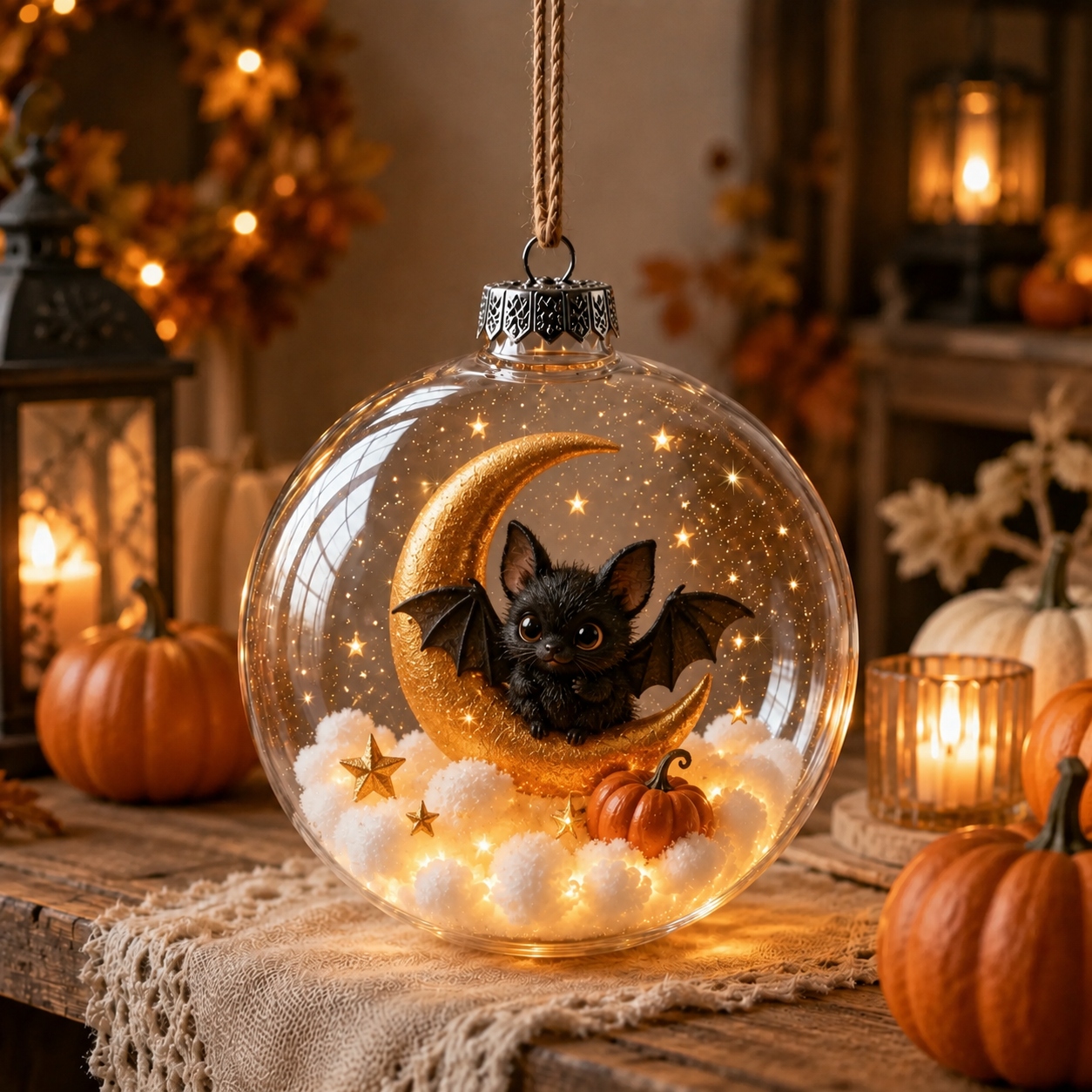🎃🎃🎃 Ornement lumineux enchanté d’Halloween – Fantôme, sorcière, chat et citrouille dans une décoration chaleureuse 👻