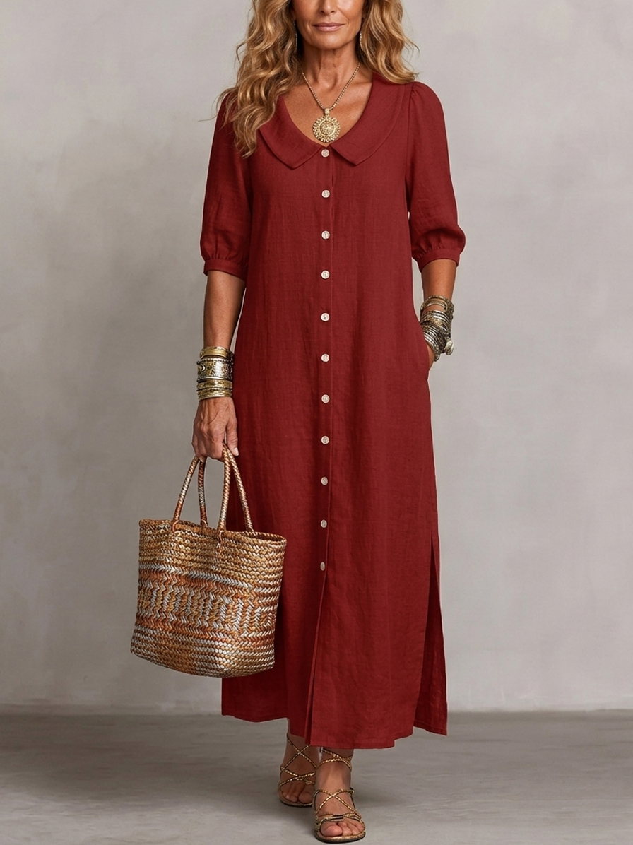 Neu eingetroffen🔥 Damen-Retro-Kleid aus Baumwollleinen mit Peter-Pan-Kragen