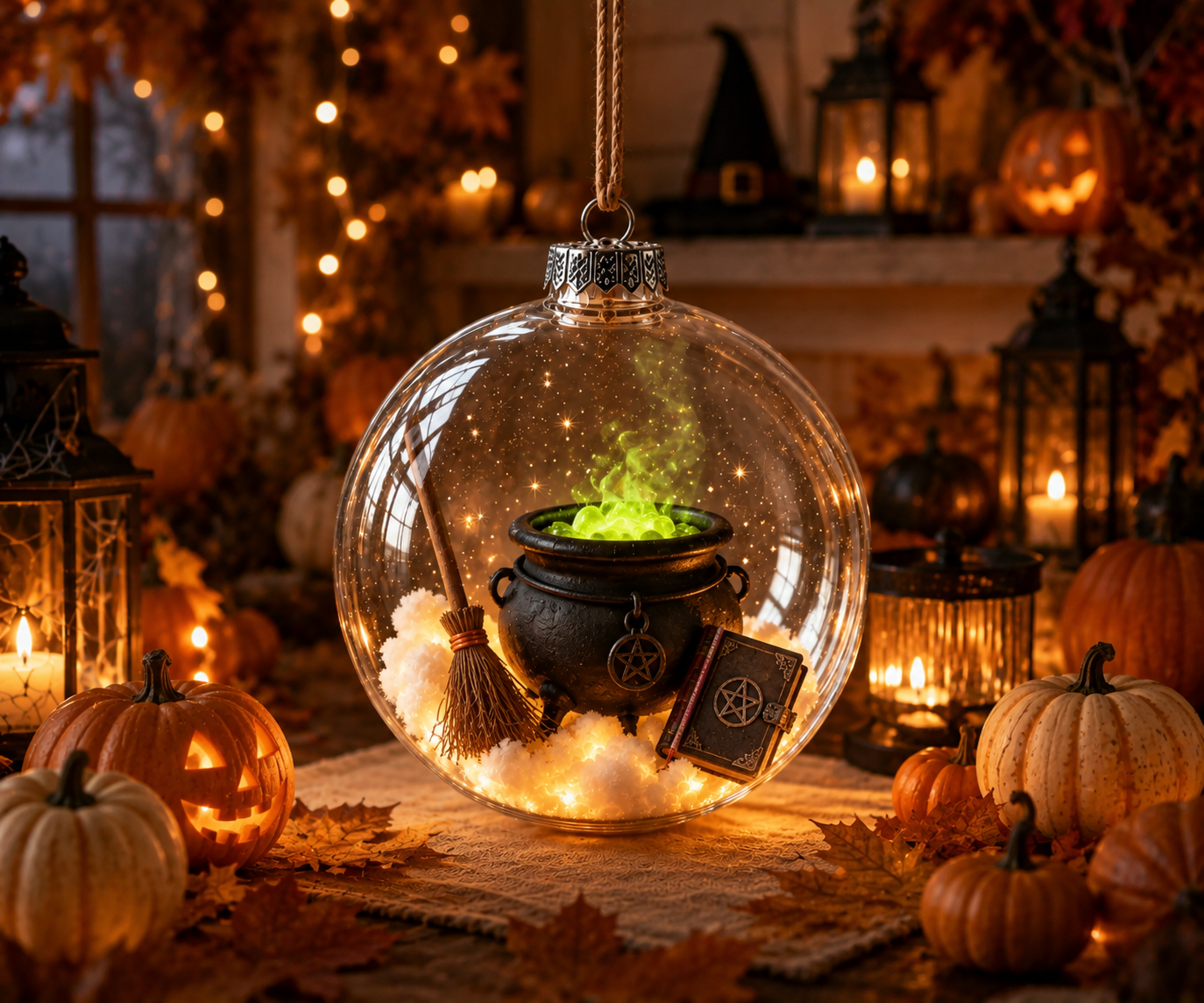 ✨🎃 Ornement lumineux enchanté d’Halloween – Fantôme, sorcière, chat et citrouille à l’éclat chaleureux 👻🐈‍⬛