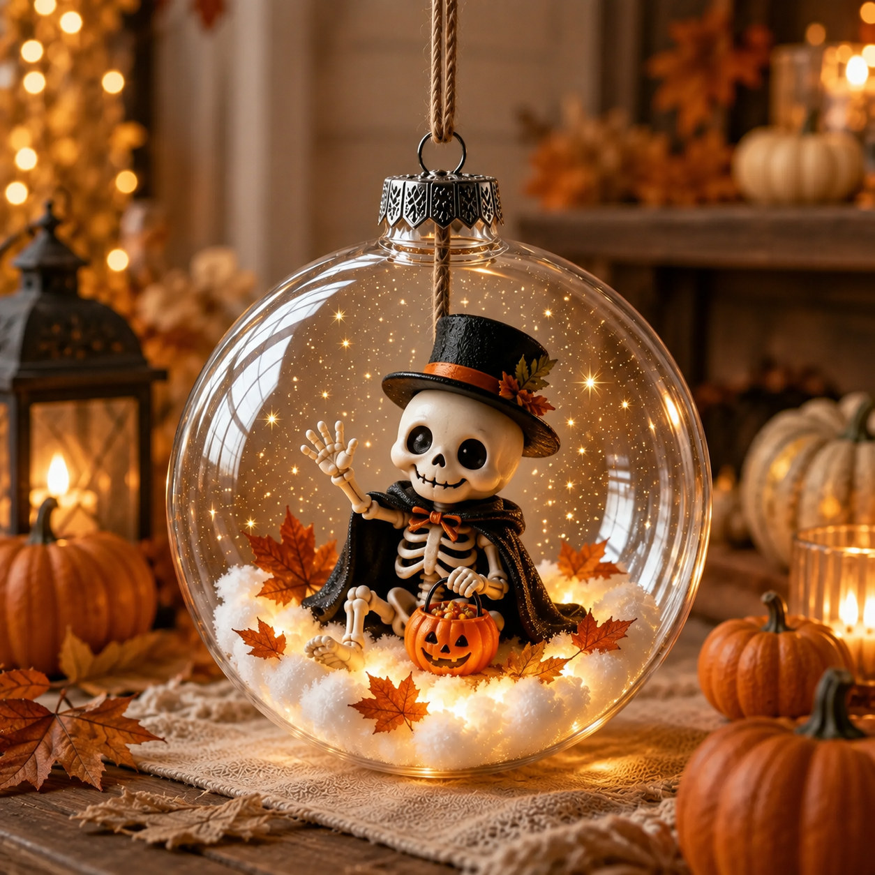 🎃🎃🎃 Ornement lumineux enchanté d’Halloween – Fantôme, sorcière, chat et citrouille dans une décoration chaleureuse 👻