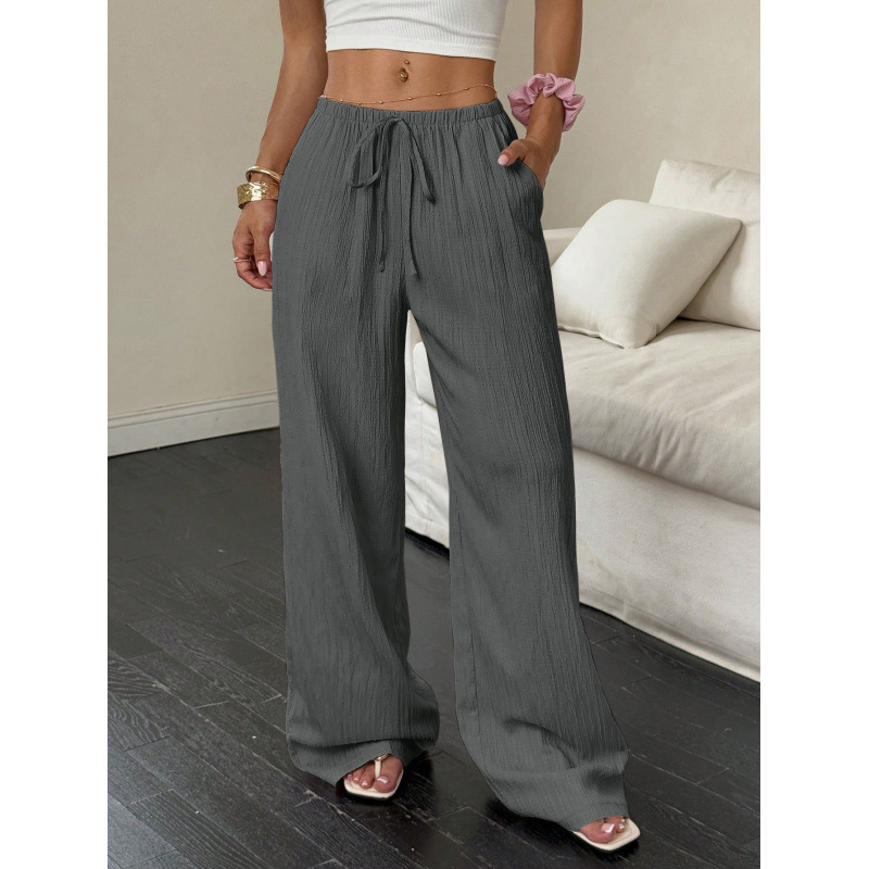 Women's textured drawstring wide leg pants - Charcoal Gray