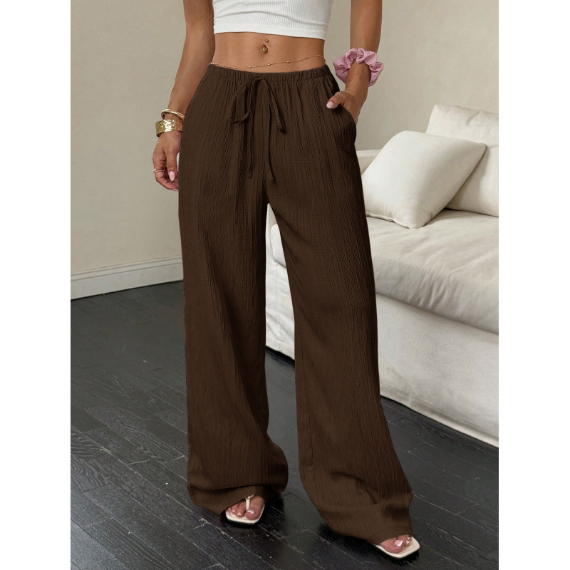 Women's textured drawstring wide leg pants - Dark Brown