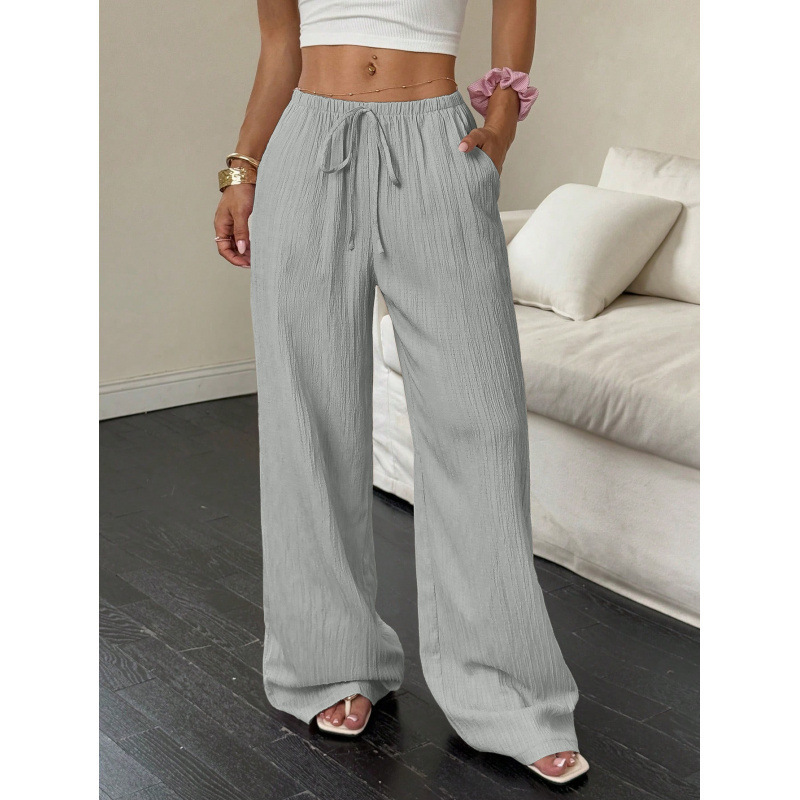 Women's textured drawstring wide leg pants - Light Gray
