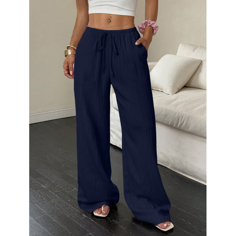 Women's textured drawstring wide leg pants - Navy