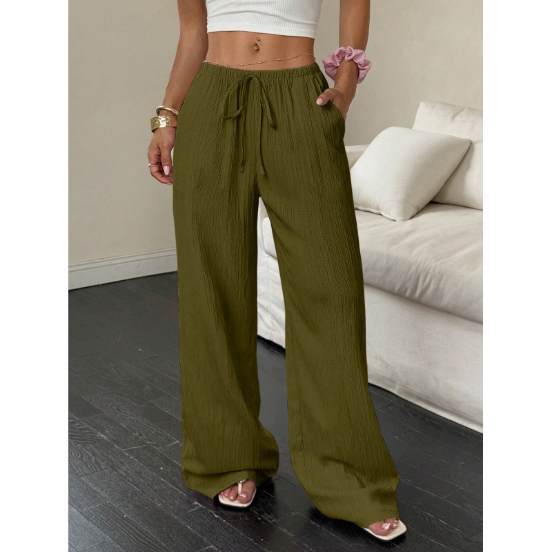 Women's textured drawstring wide leg pants - Olive