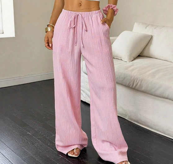 Women's textured drawstring wide leg pants - Pink