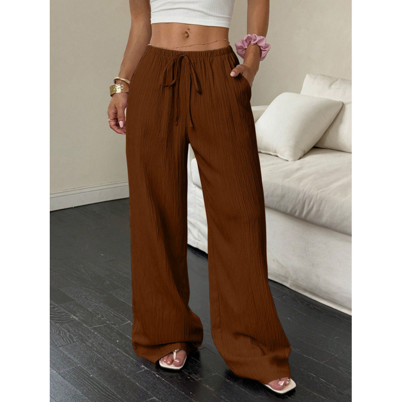 Women's textured drawstring wide leg pants - Rust Brown