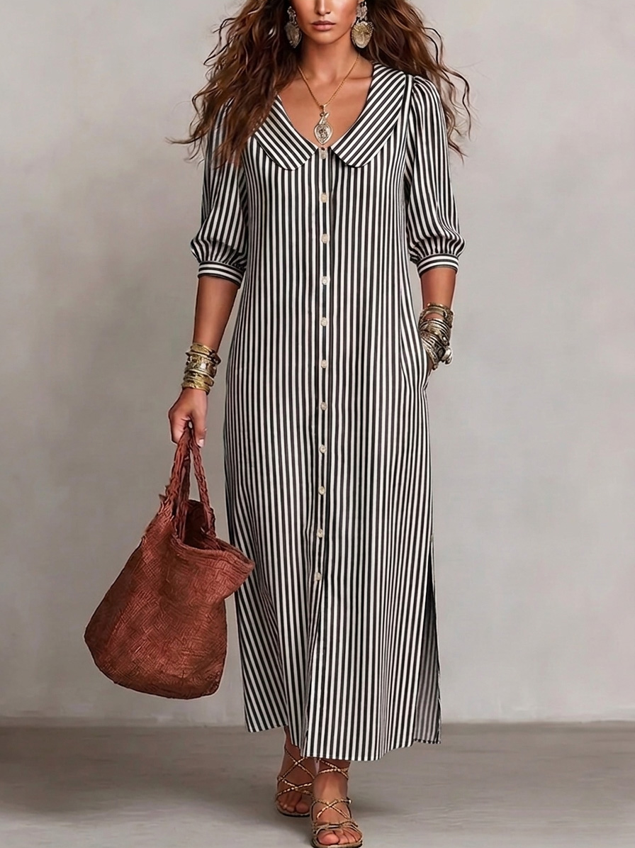 Neu eingetroffen🔥 Damen-Retro-Kleid aus gestreiftem Baumwollleinen mit Peter-Pan-Kragen