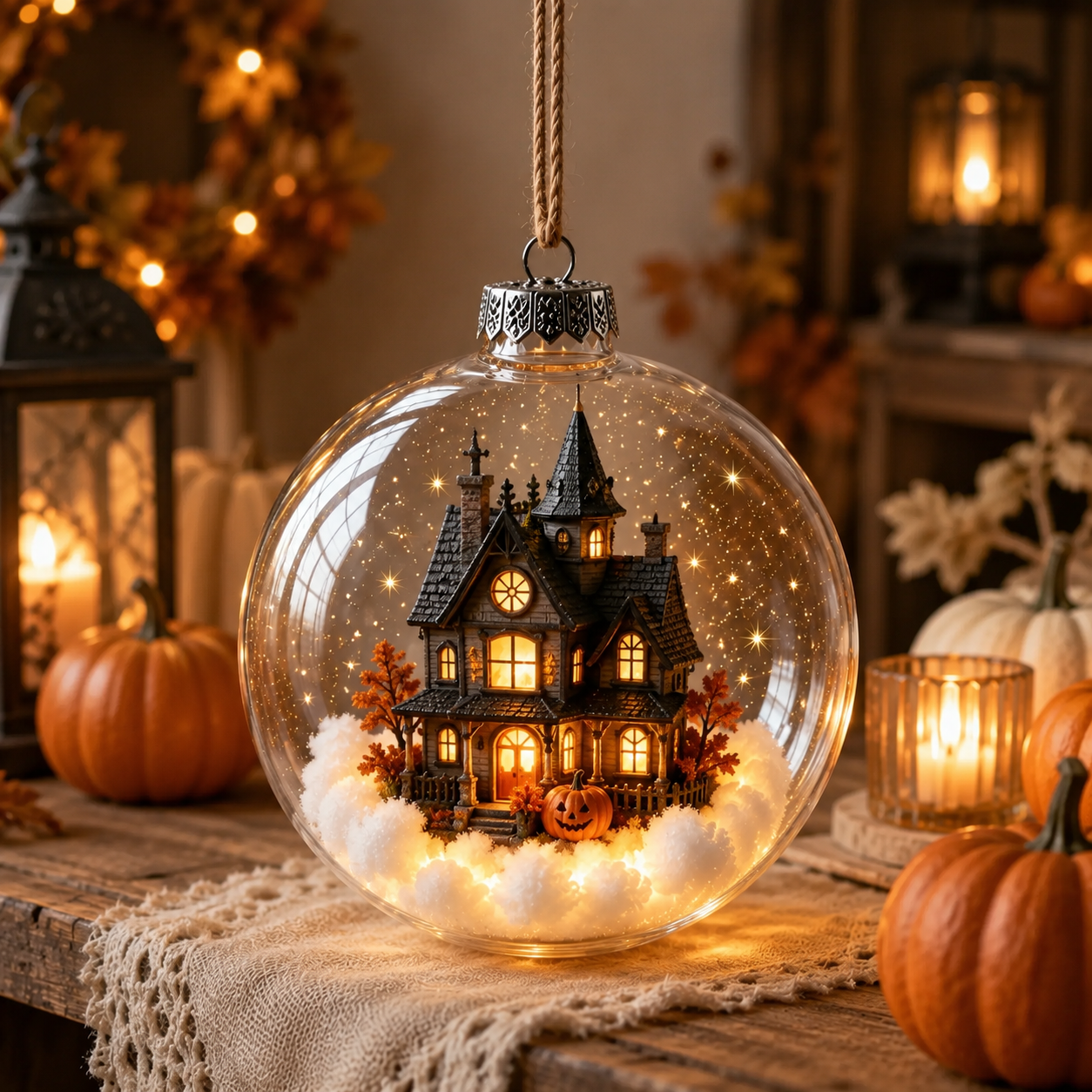 🎃🎃🎃 Ornement lumineux enchanté d’Halloween – Fantôme, sorcière, chat et citrouille dans une décoration chaleureuse 👻